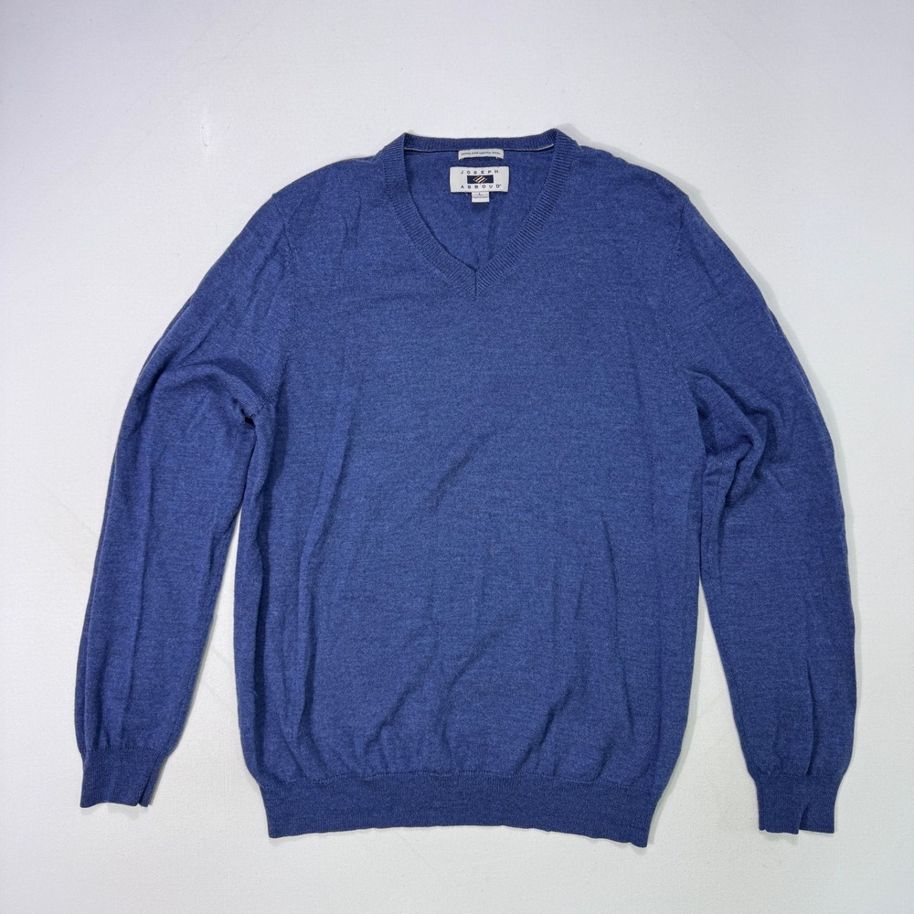 Joseph Abboud Mens Large Blue Extra Fine Merino Wool V-Neck Sweater Minimalist